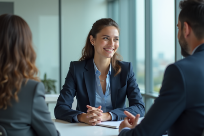 Femme confiante en costume dans un bureau moderne