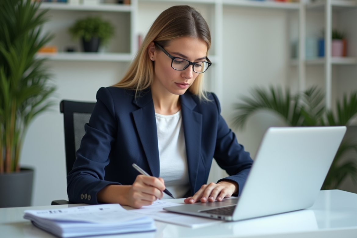 Femme en bureau vérifiant son CPF avec concentration