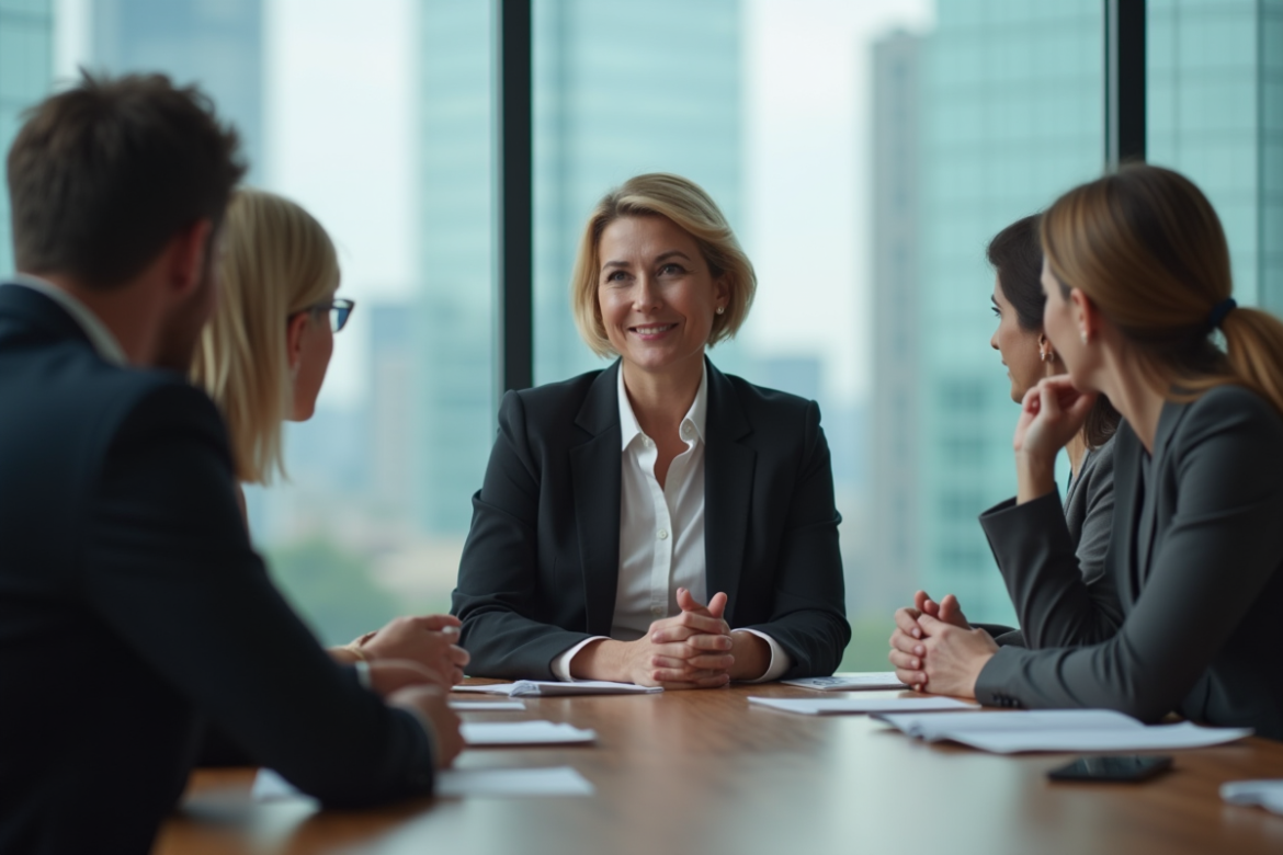 Femme en costume dirigeant une équipe dans un bureau moderne