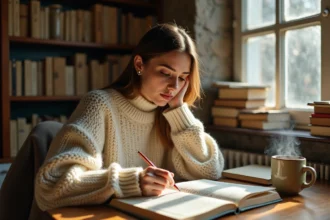 Femme écrivant dans un carnet d'exercices sur un bureau en bois entouré de livres, ambiance studieuse et chaleureuse