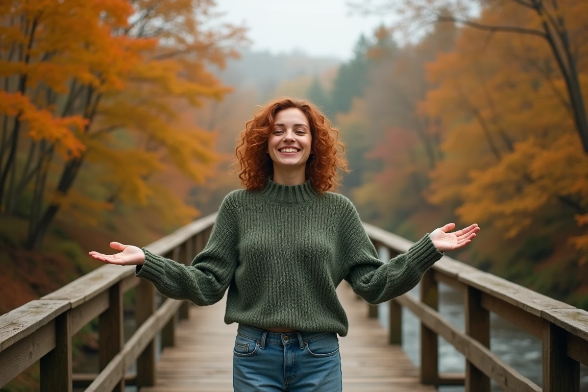Femme épanouie dans la nature en automne sur un pont en bois symbolisant la liberté et la positivité