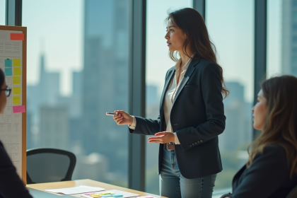 Jeune femme professionnelle anime une séance de brainstorming