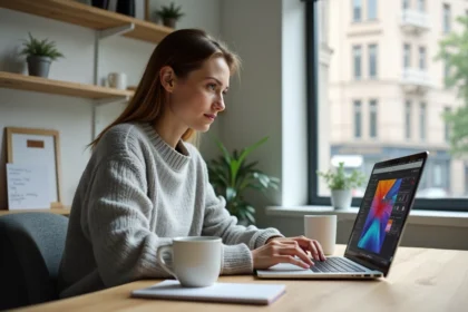 Femme apprenant Canva en ligne sur son ordinateur portable dans un bureau à domicile, formation numérique avec financement CPF