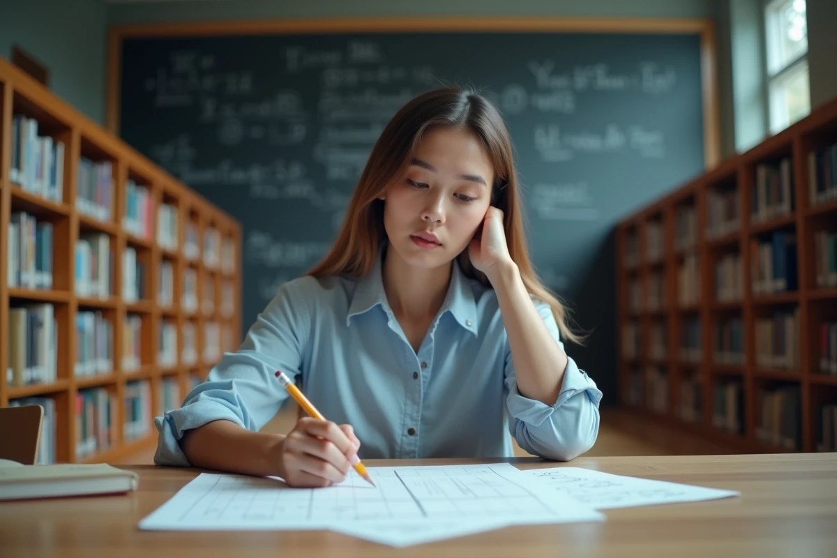 Femme réfléchissant à des calculs sur une table de bibliothèque