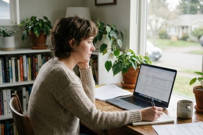 Femme en home office regardant ses offres d emploi