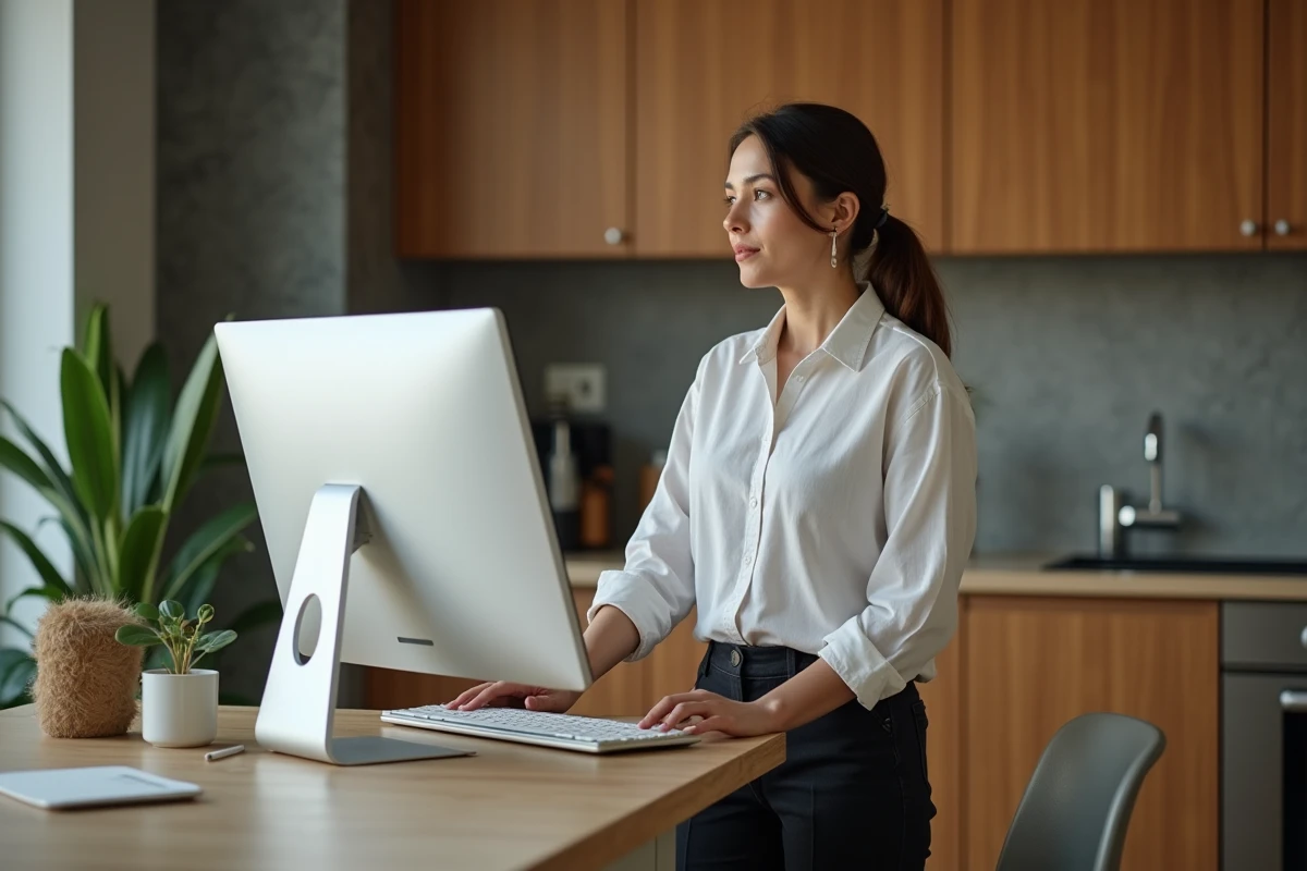 Femme consultant une page d'inscription à une formation Canva éligible CPF sur un grand écran d'ordinateur à domicile