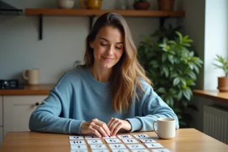 Femme concentrée jouant au jeu de pi dans une cuisine chaleureuse