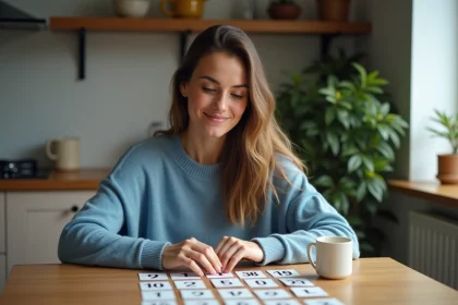 Femme concentrée jouant au jeu de pi dans une cuisine chaleureuse