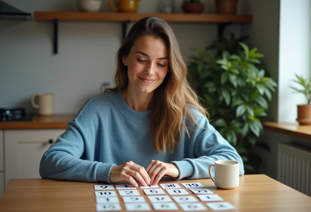 Femme concentrée jouant au jeu de pi dans une cuisine chaleureuse