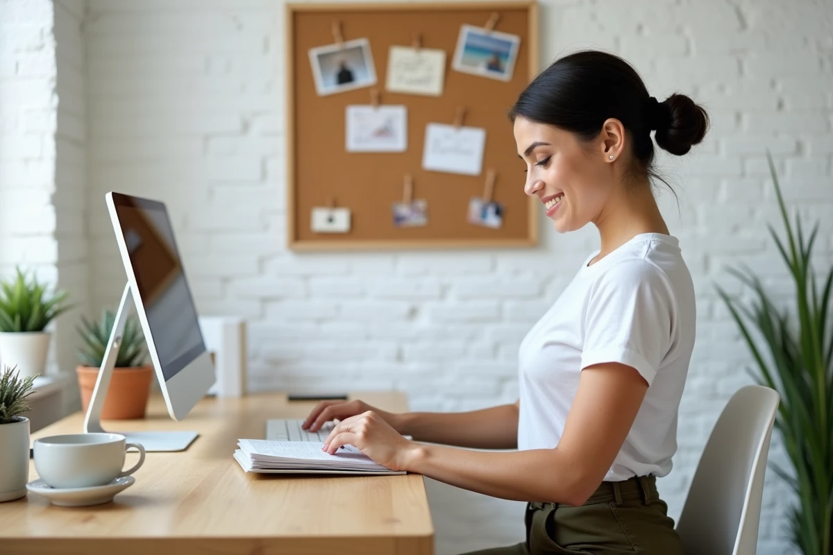 Femme souriante lisant un livre de développement personnel à son bureau avec un tableau de visualisation en arrière-plan
