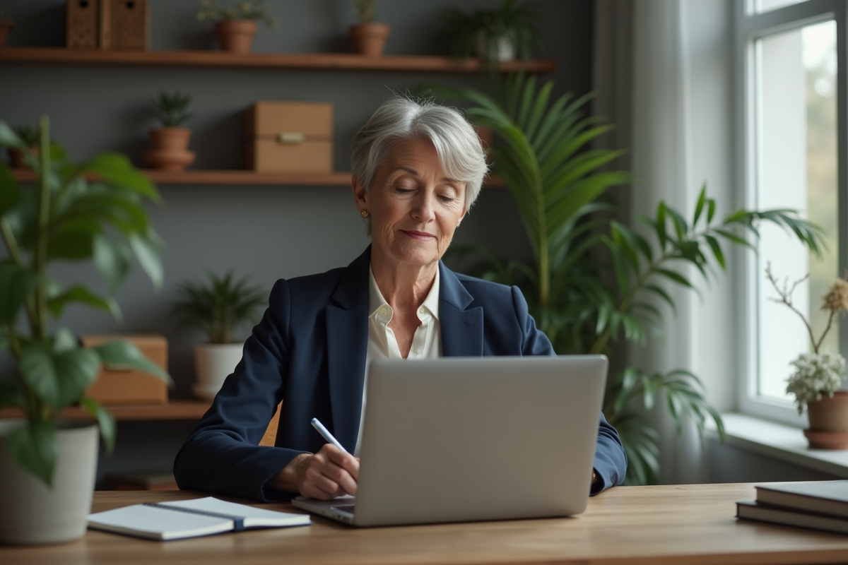 Femme confiante en visioconference dans son bureau à domicile