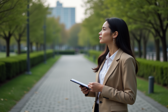 Femme réfléchissant à un croisement dans un parc urbain
