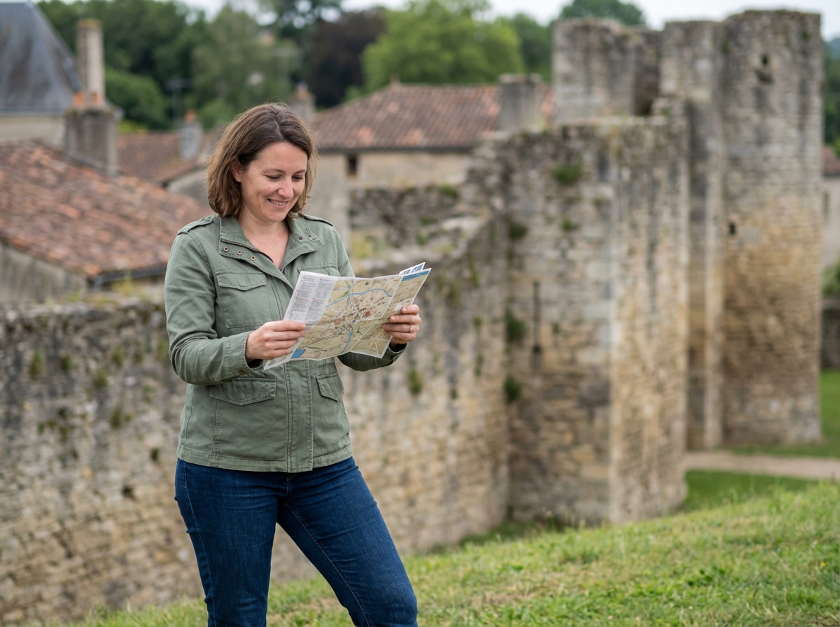 Femme dans Parthenay avec carte et remparts