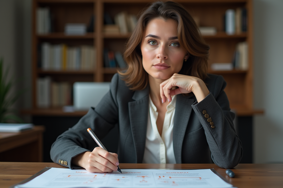 Femme réfléchie en blazer étudiant un diagramme décisionnel