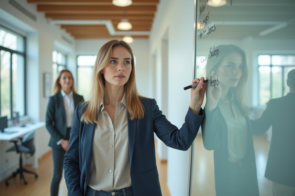 Jeune femme écrivant sur un tableau blanc en réunion