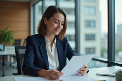 Femme d'affaires en bureau lisant une lettre avec sourire