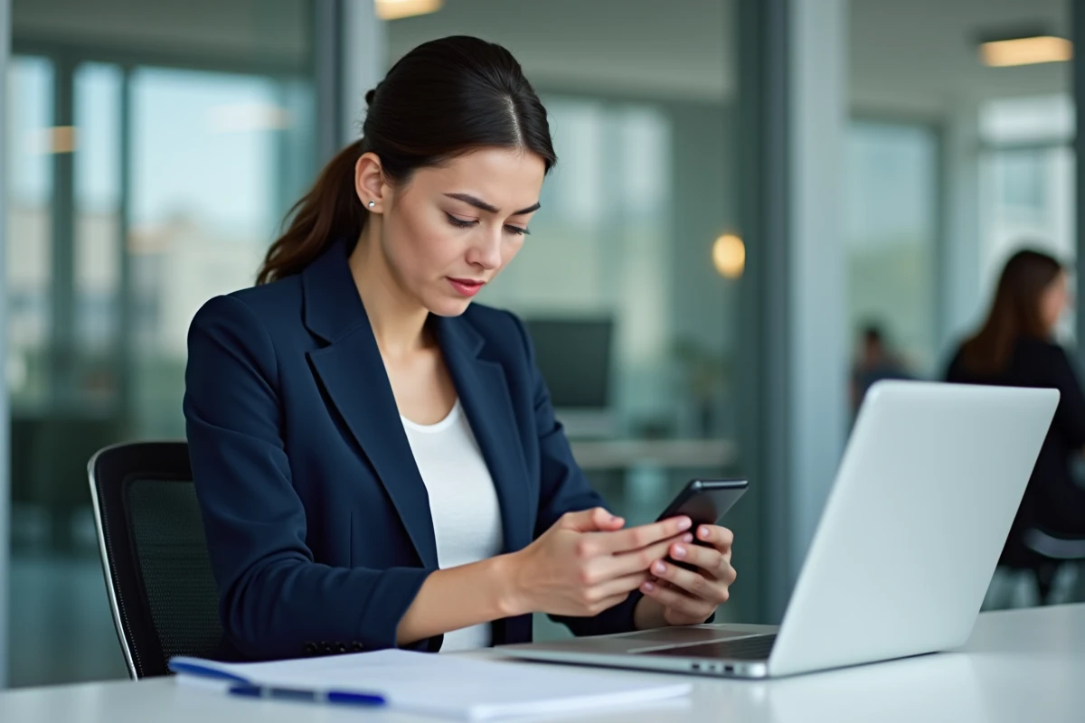 Jeune femme en bureau moderne regardant son smartphone