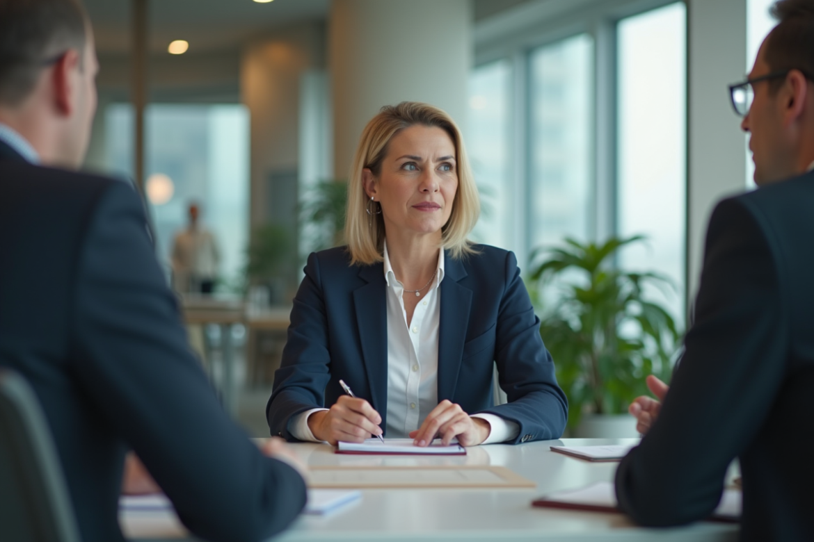Femme en réunion dans un bureau moderne et lumineux