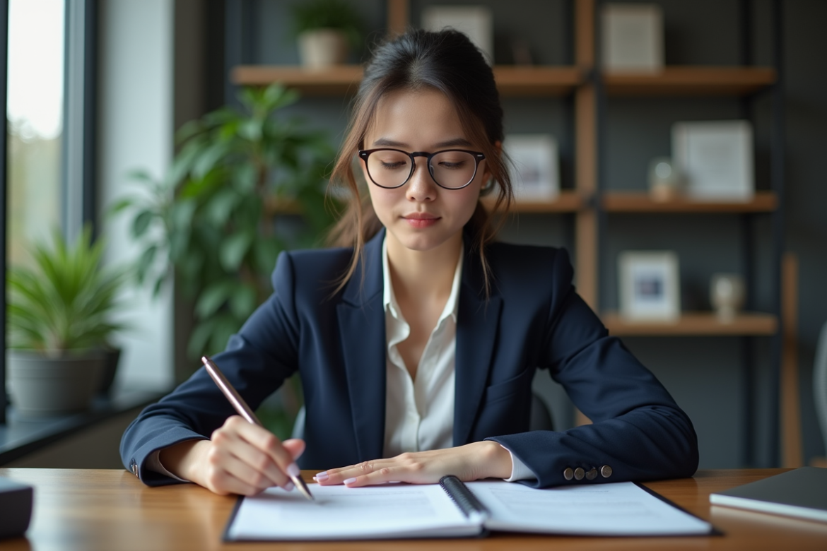 Jeune femme en costume bleu examinant son CV dans un bureau moderne