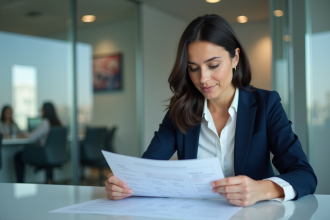 Femme professionnelle en réunion avec plan de communication