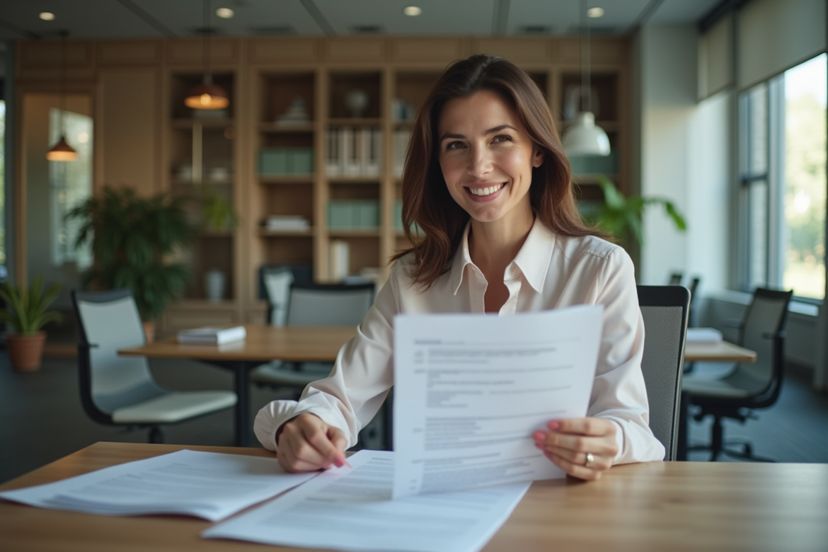 Femme en bureau examinant un CV pour le recrutement