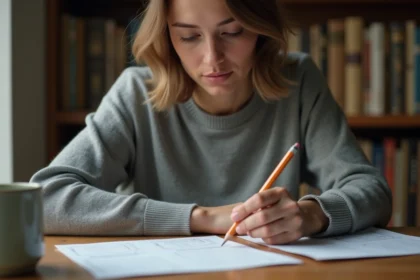 Femme concentrée remplissant un test de QI imprimé à son bureau avec un crayon, entourée de livres académiques