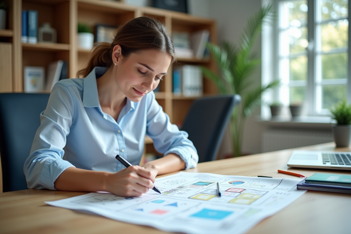 Femme en bureau esquissant un plan de projet avec des marqueurs