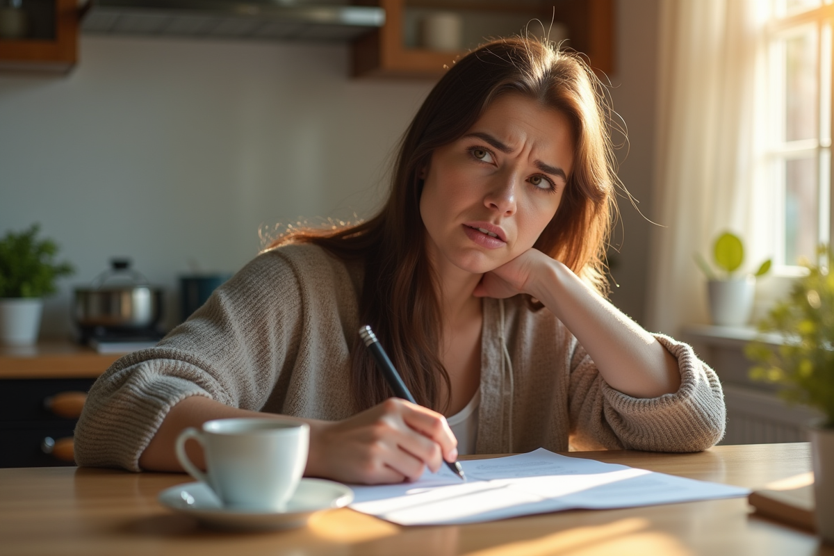 Femme pensante à la maison travaillant le matin
