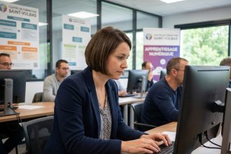 Femme concentrée travaillant sur un ordinateur en formation