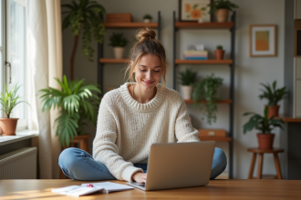 Femme travaillant sur son ordinateur dans un intérieur lumineux