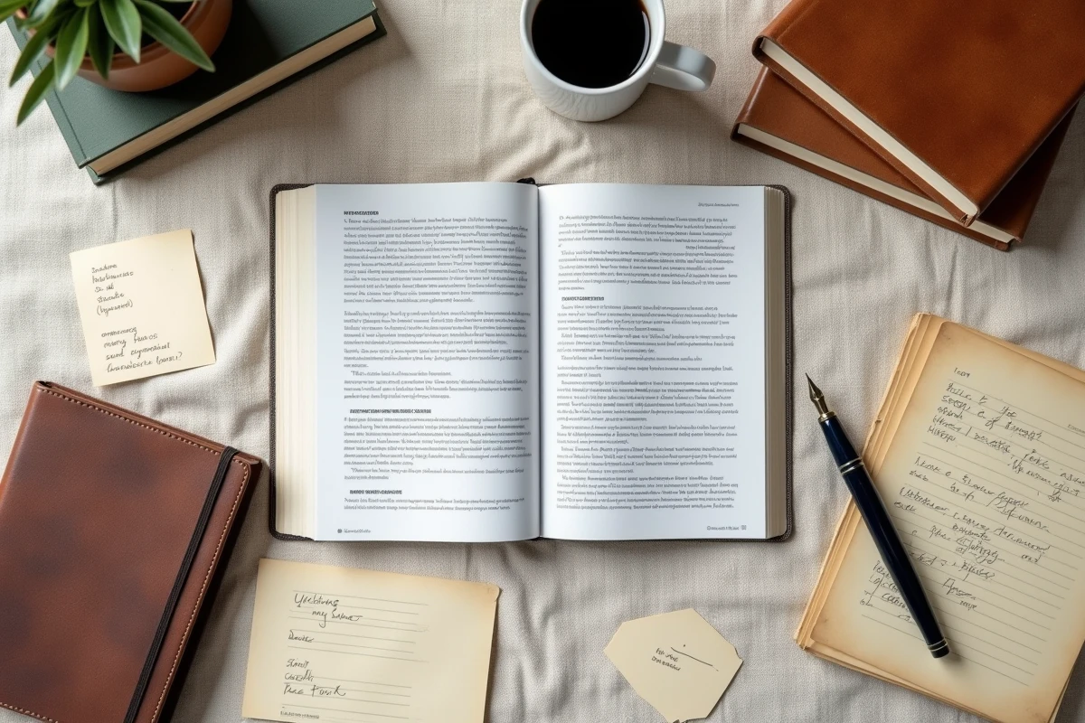 Flat lay de carnets, stylos et fiches d'exercices d'écriture imprimées sur un fond en lin naturel