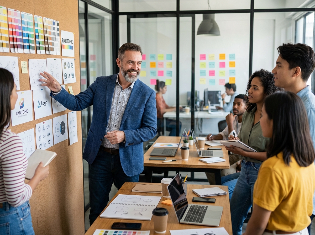 Formateur expliquant des concepts à des débutants en agence de design