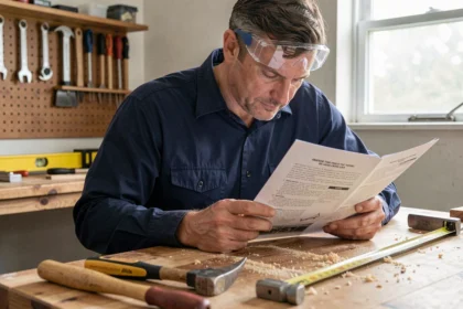 Homme en formation bricolage consultant un livret pédagogique dans un atelier de bricolage équipé d'outils professionnels