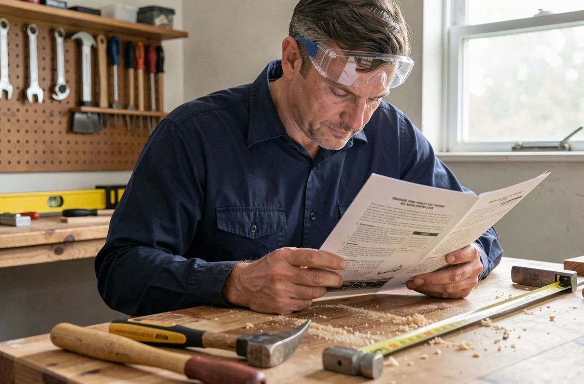 Homme en formation bricolage consultant un livret pédagogique dans un atelier de bricolage équipé d'outils professionnels