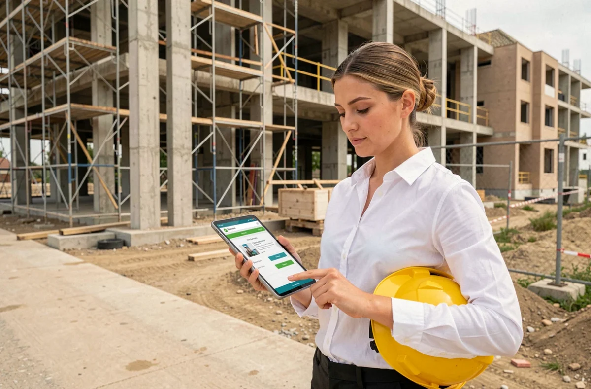 Femme professionnelle du BTP utilisant une tablette pour s'inscrire à une formation certifiante financée par le CPF sur un chantier de construction