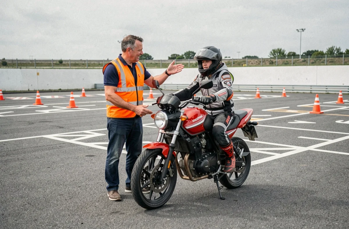 Moniteur d'auto-école expliquant les consignes à un élève sur circuit de formation moto 125cm3