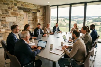 Groupe de professionnels adultes en formation dans un centre moderne de Bourgogne-Franche-Comté
