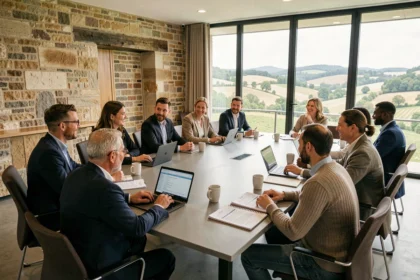 Groupe de professionnels adultes en formation dans un centre moderne de Bourgogne-Franche-Comté