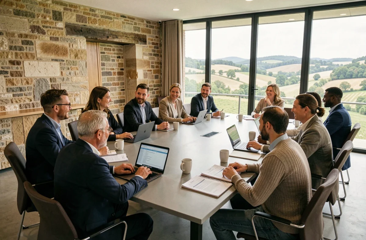 Groupe de professionnels adultes en formation dans un centre moderne de Bourgogne-Franche-Comté