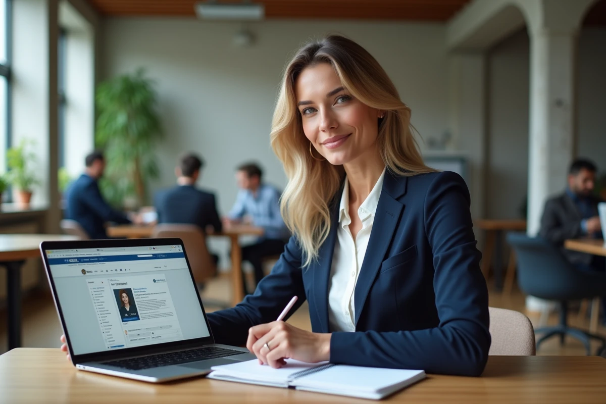 Femme professionnelle suivant une formation social selling sur LinkedIn à son bureau en espace de coworking