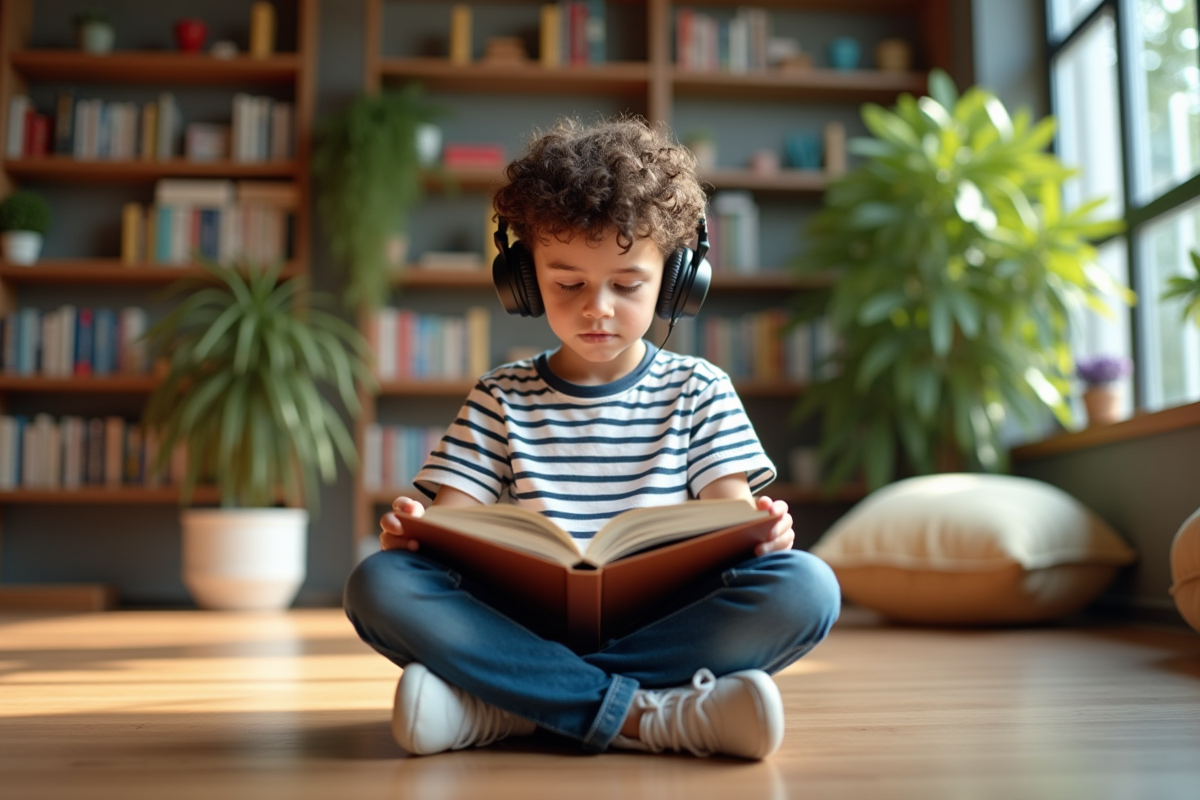Garçon lisant dans une bibliothèque moderne et lumineuse
