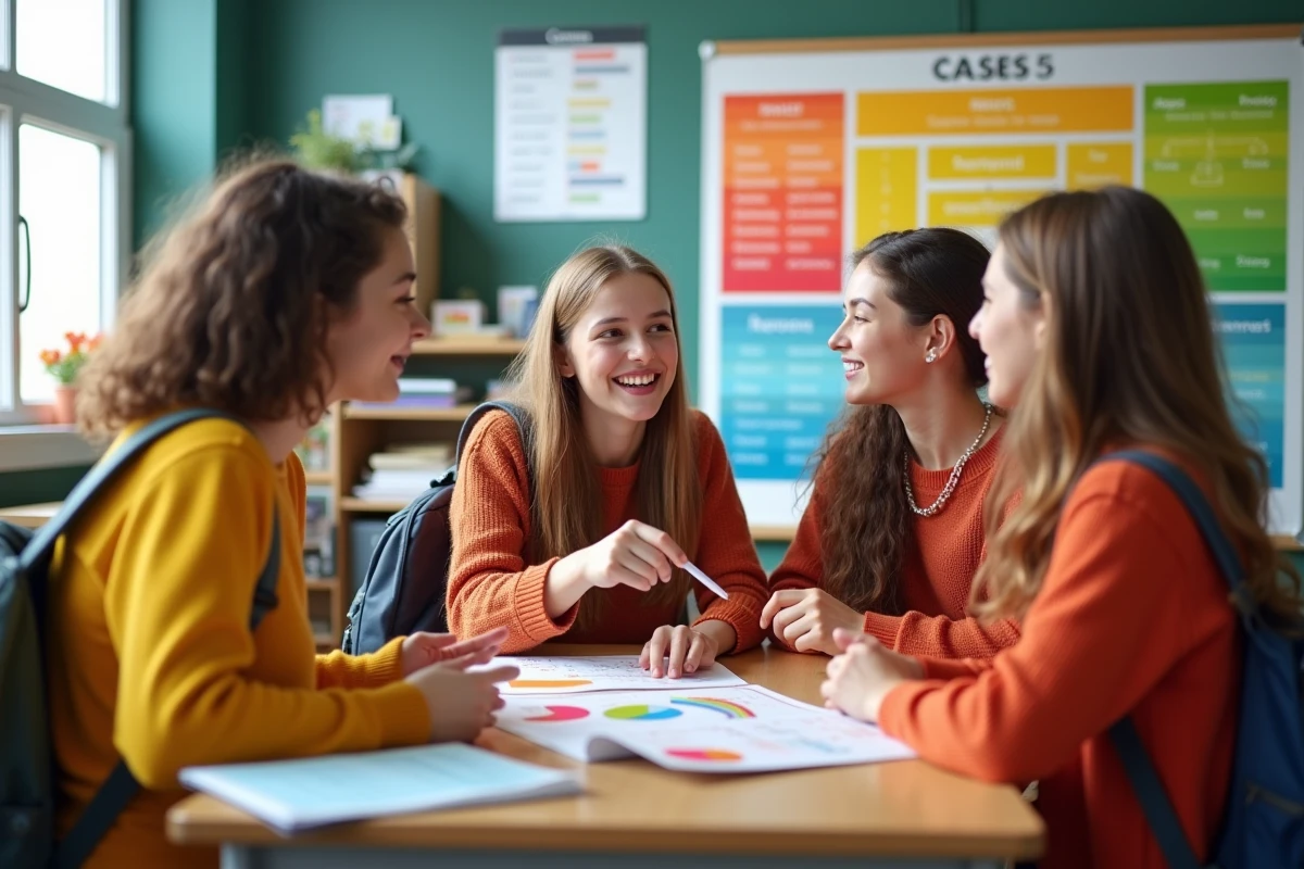 Trois adolescents discutant autour d une affiche de cas allemands