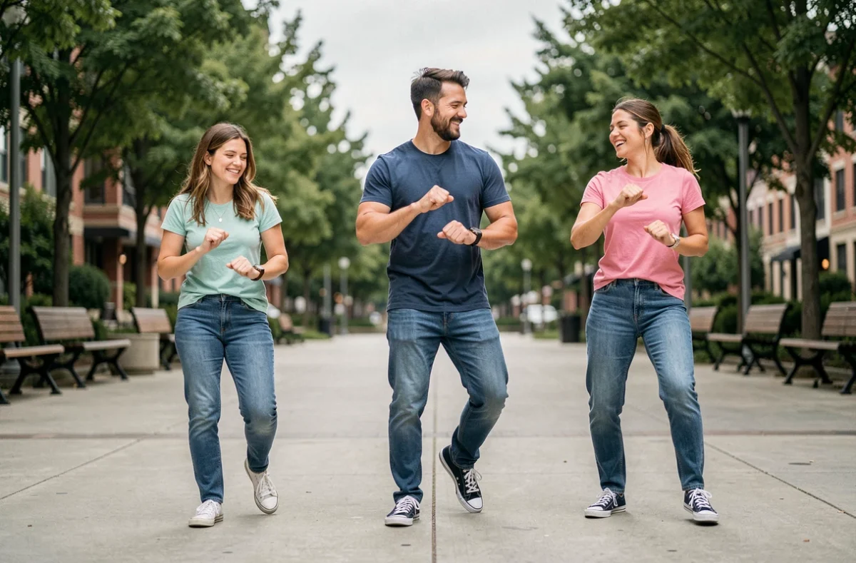 Groupe d'amis adultes apprenant ensemble une chorégraphie simple et synchronisée en plein air dans un parc urbain
