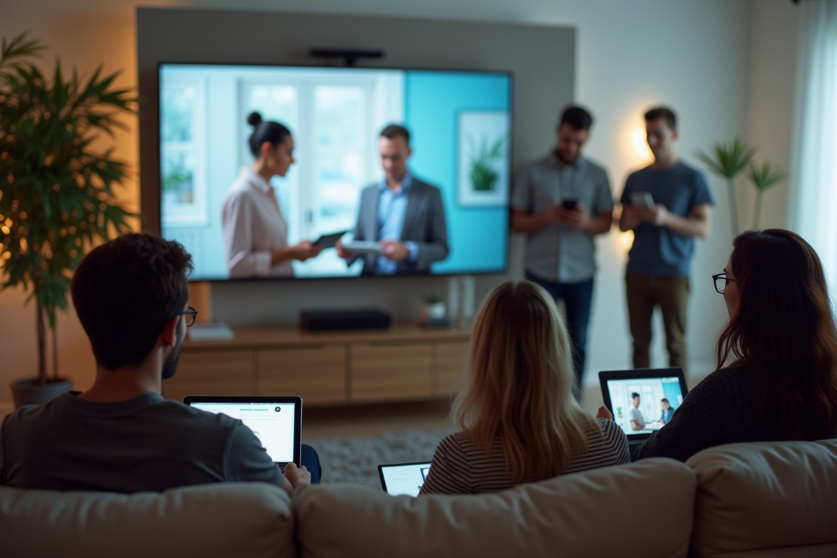Groupe diversifié suivant une formation en ligne à domicile
