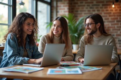 Trois jeunes adultes en coworking moderne en intérieur