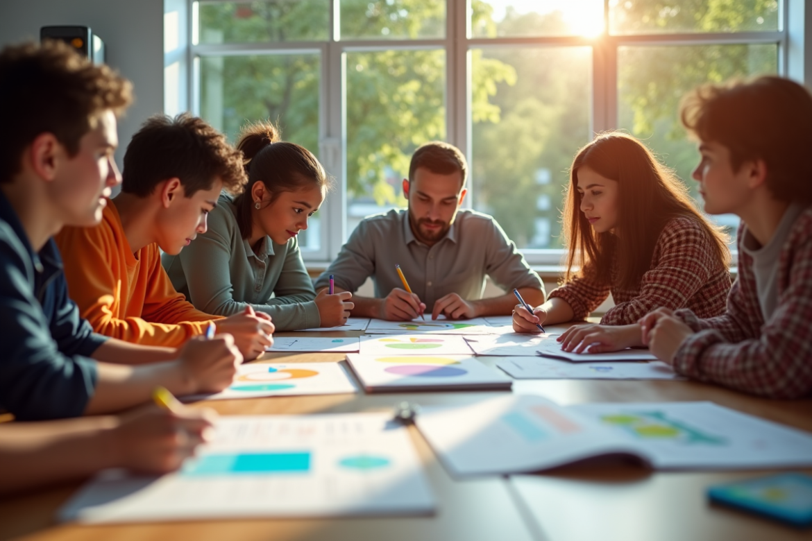 Groupe d'étudiants et enseignants autour d'une table en classe