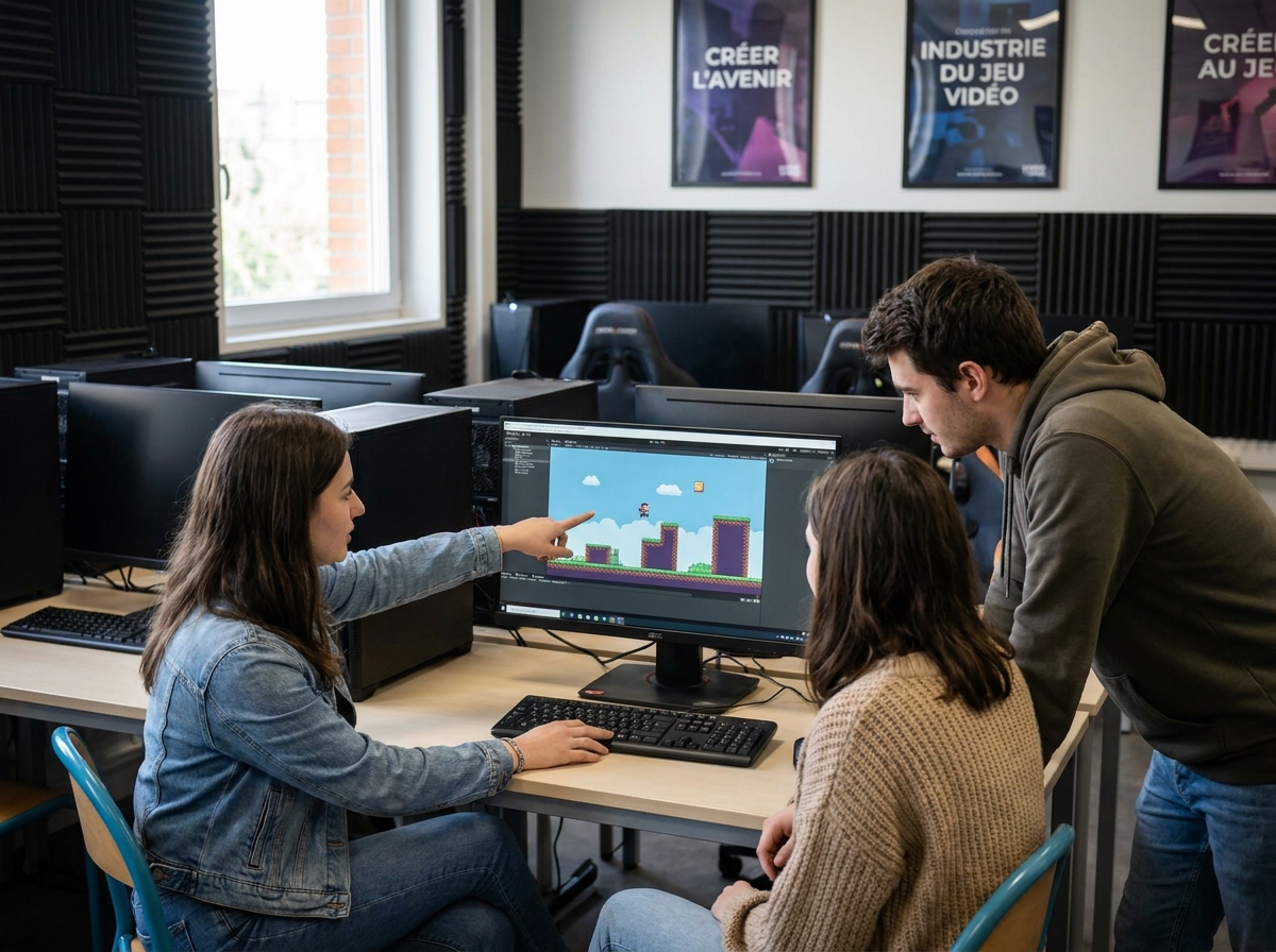 Groupe d'étudiants en école de jeu vidéo à Toulouse collaborant autour d'un prototype de jeu