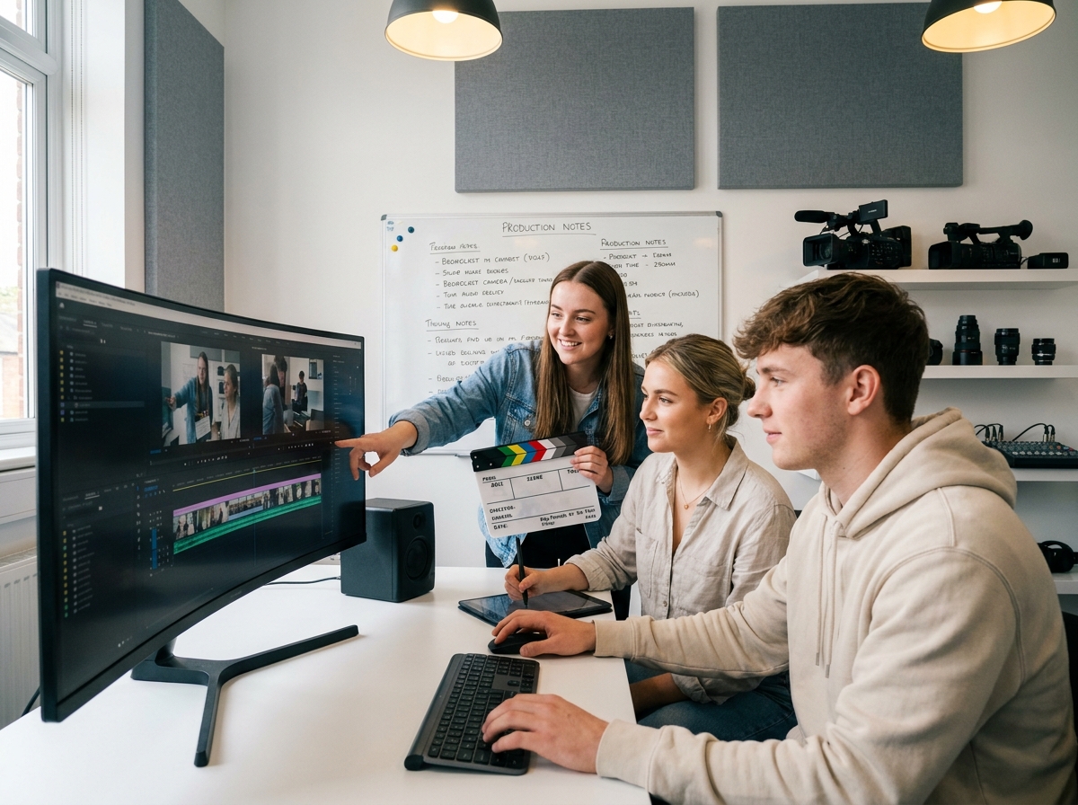 Groupe d'étudiants en formation audiovisuelle collaborative révisant des images dans une salle de cours équipée de matériel professionnel