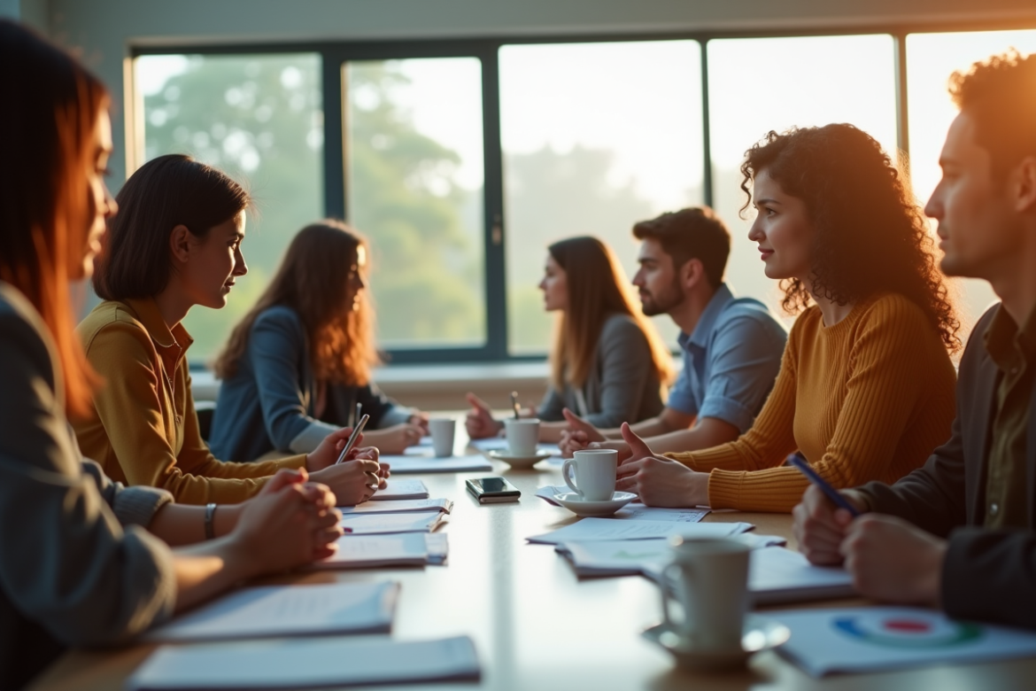 Groupe de jeunes adultes discutant de carrière dans une salle lumineuse