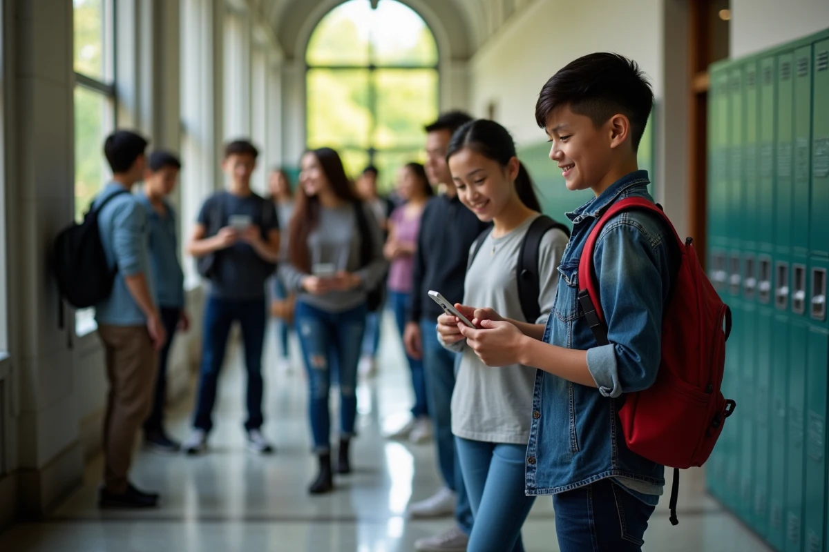 Groupe de lycéens discutant dans le couloir